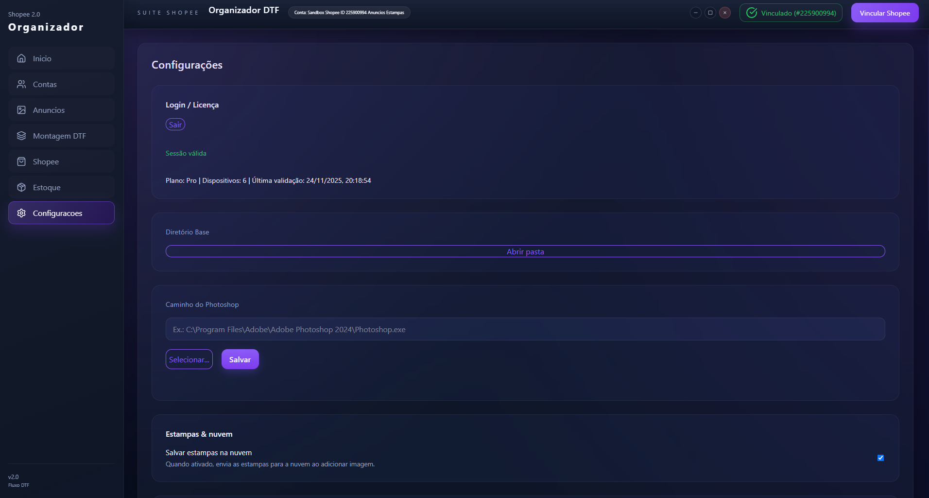 Tela de configurações do app