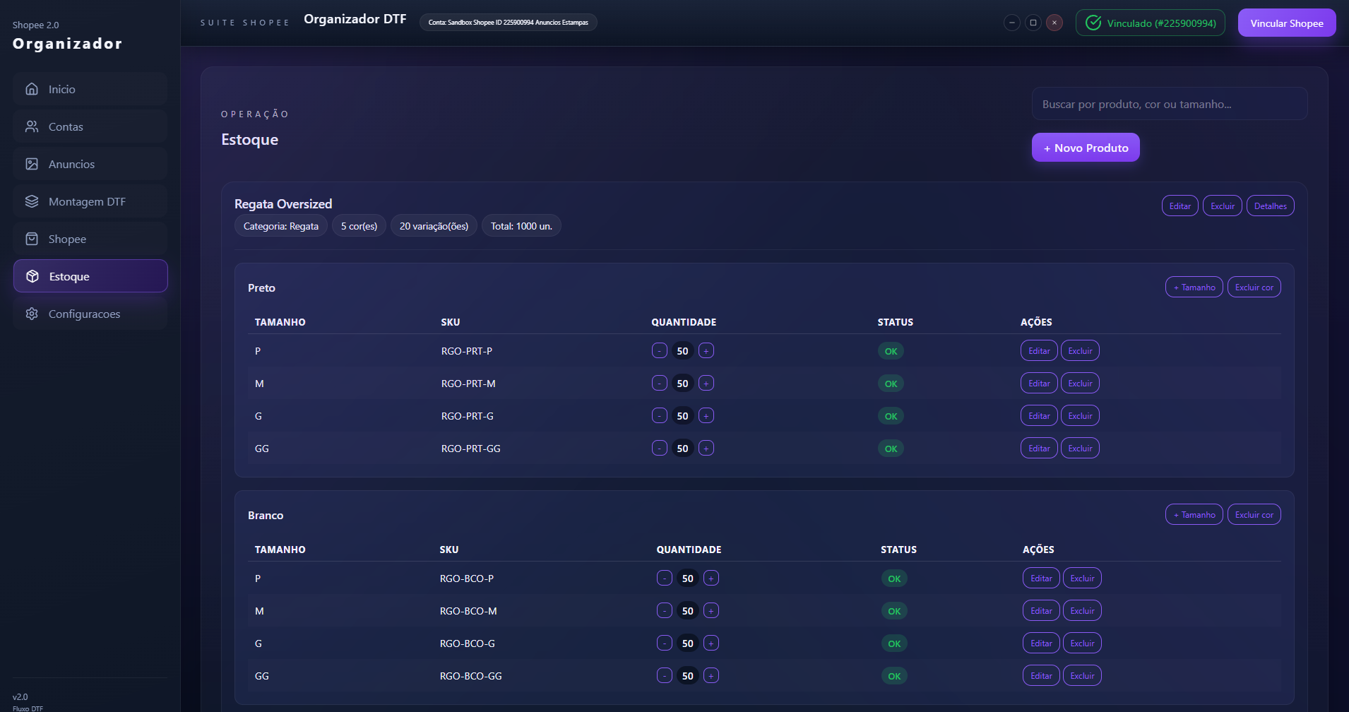 Tela de estoque por cor e tamanho