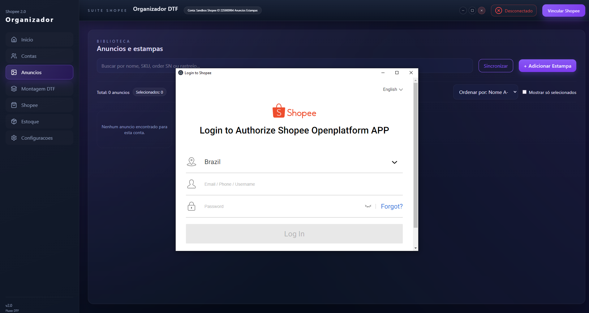 Tela de login e vinculação Shopee