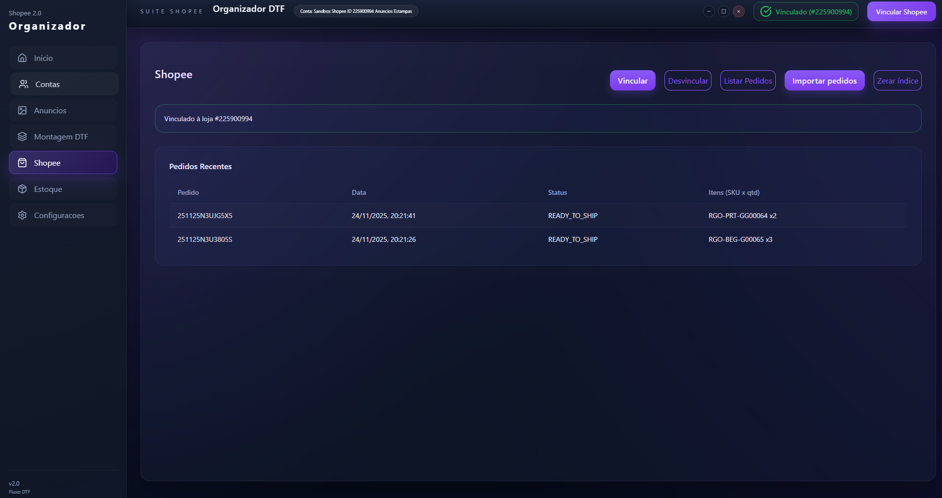 Tela de pedidos da Shopee importados